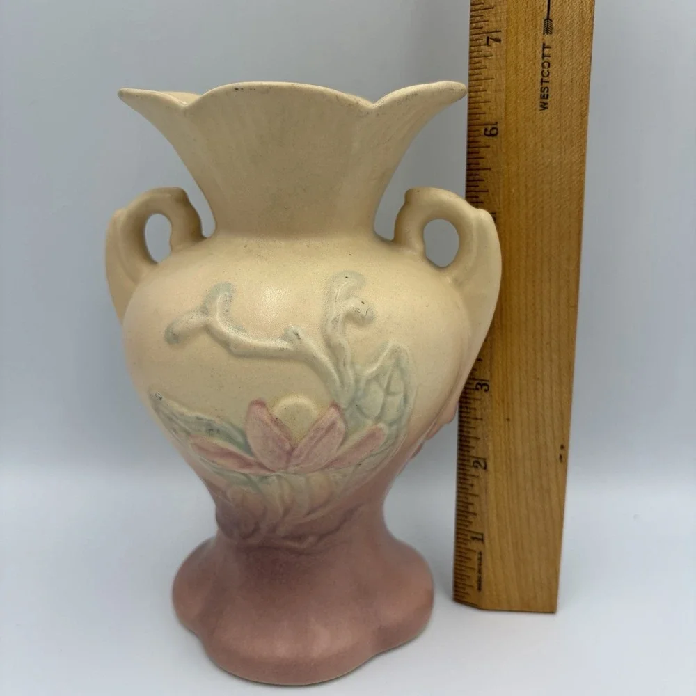 Hull Art Pottery Matte Magnolia Vase 4-6 1/4 YellowPink Floral Double Handle USA